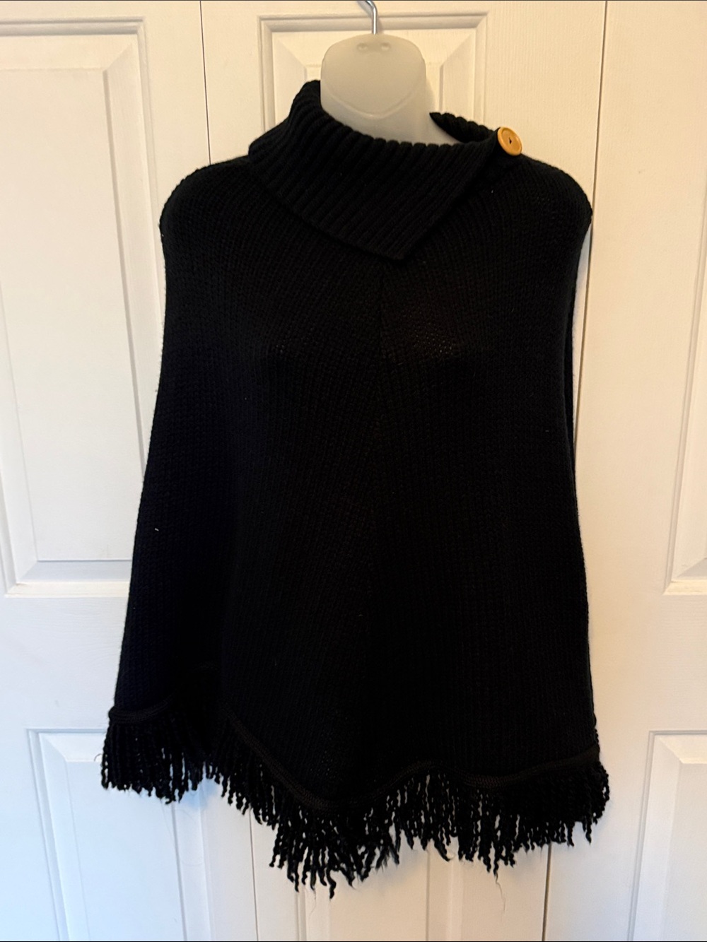 Lord & Taylor Black Knit Fringe Poncho with Button Collar Accent b77